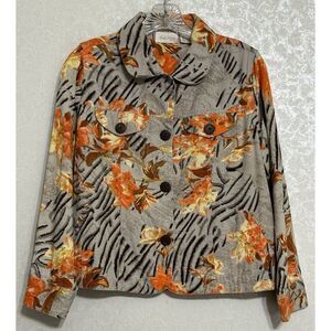 Studio Works Gray Floral Jacket Orange Tiger Lily Print 100% Cotton PM Petite M